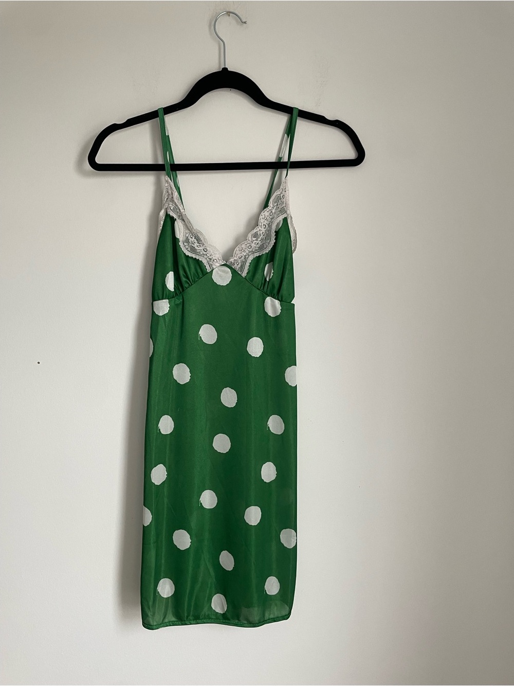 Green Polka Dot Lace-Trim Satin Slip Dress